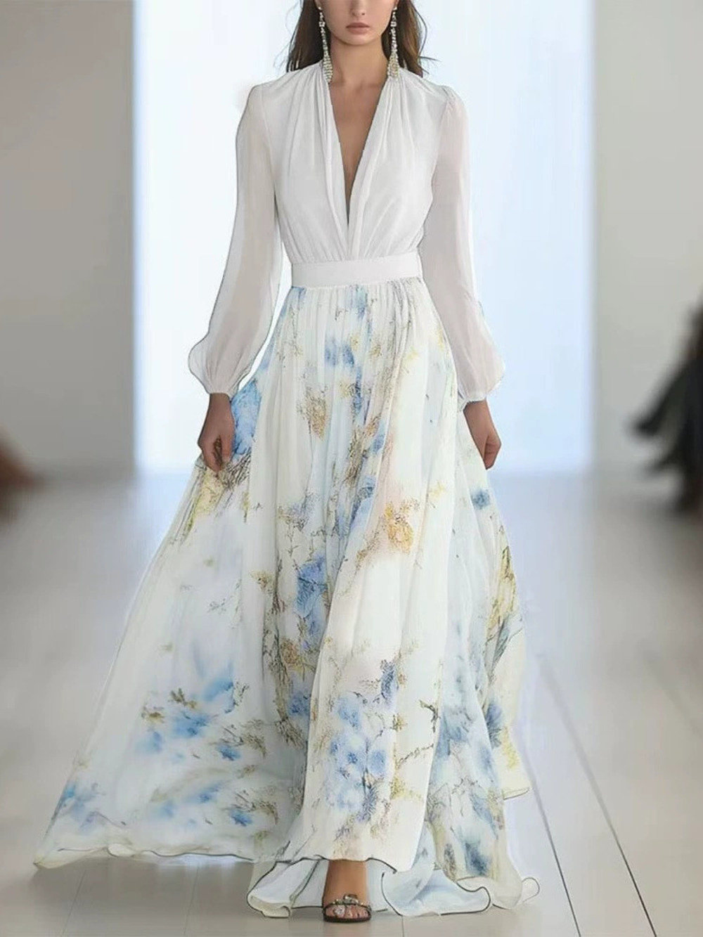 ZARA Digital Print Long Sleeve Contrast Collar Maxi Dress